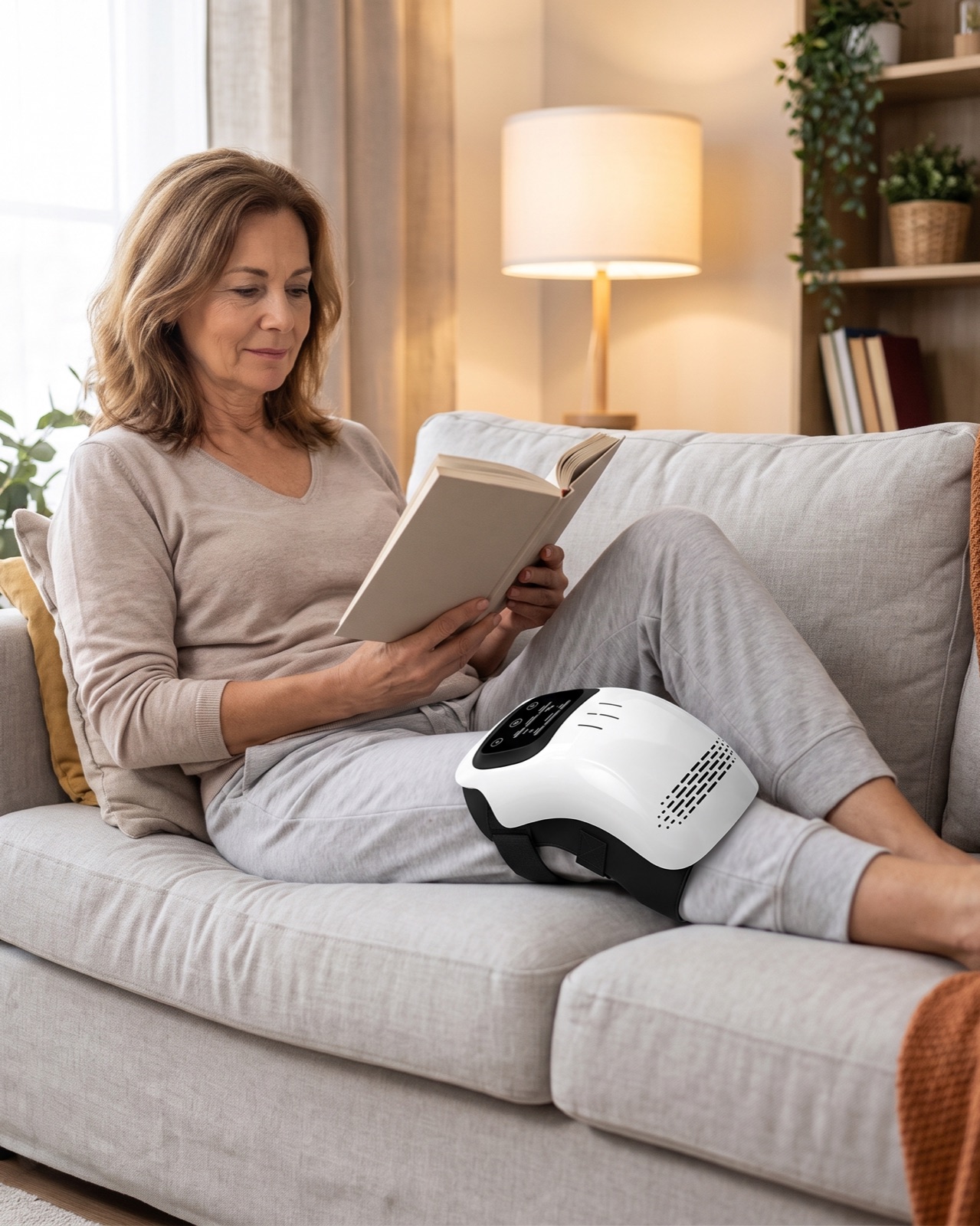 A woman in her fifties sitting on a sofa reading a book, with the Vireli Pulse fastened over one knee.