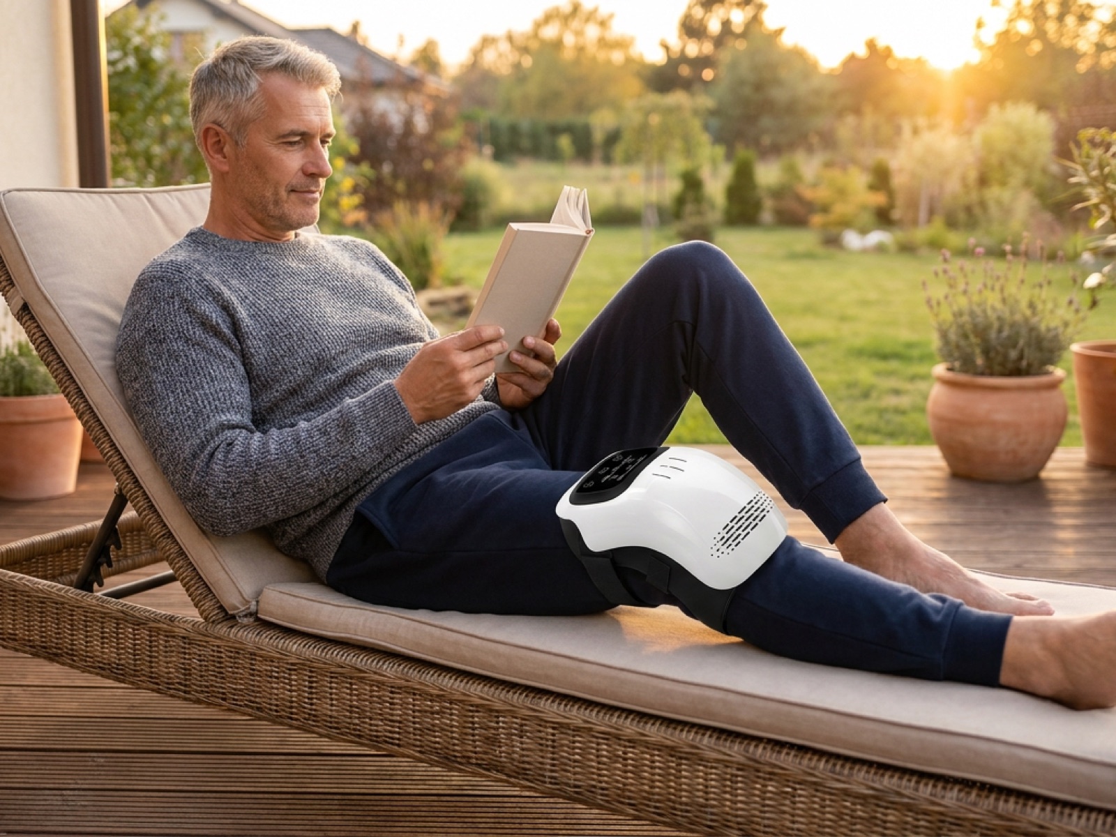 A man sitting on a garden lounger at sunset reading a book, with the Vireli Pulse fastened over one knee.